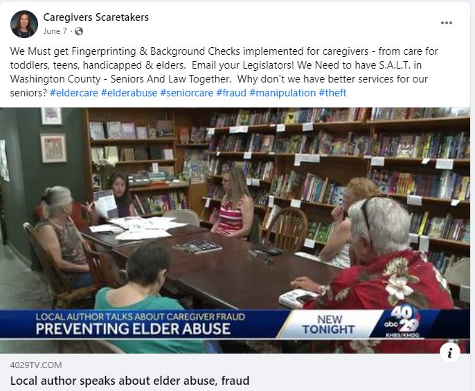 We Must get Fingerprinting & Background Checks implemented for caregivers - from care for toddlers, teens, handicapped & elders. Email your Legislators! We Need to have S.A.L.T. in Washington County - Seniors And Law Together. Why don't we have better services for our seniors? #eldercare #elderabuse #seniorcare #fraud #manipulation #theft