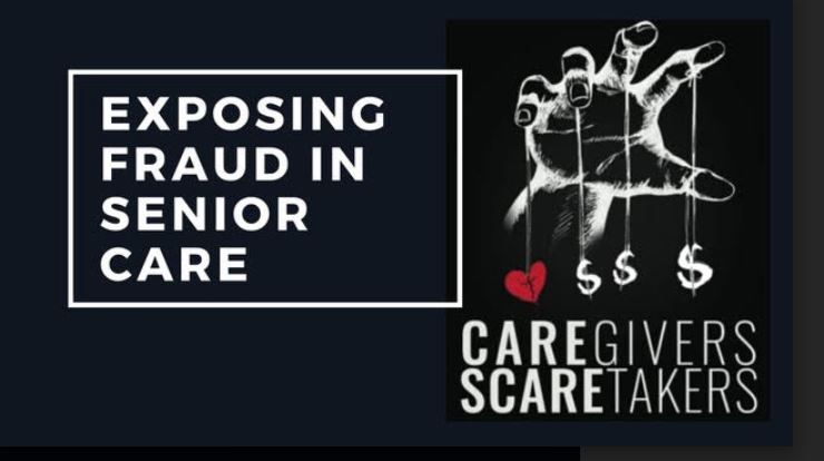 Caregiver Logo and book cover depicting hands of opportunistic puppet hands with red broken heart and dollar signs